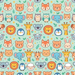 Fototapeta premium Seamless pattern with cute cartoon animal faces including foxes, bears, rabbits, owls, elephants, lions, and giraffes on a light green background.