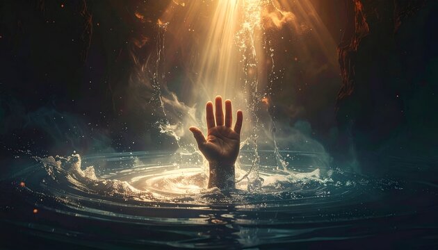 A hand reaches toward heavenly light breaking through dark waters and swirling mist