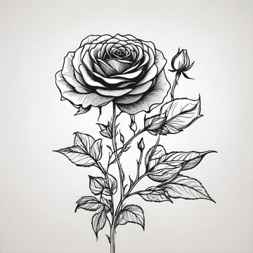 A delicate rose with a bud, rendered in a realistic sketch style. The flower has intricate petals and thorny stems, showcasing its natural beauty in monochrome.