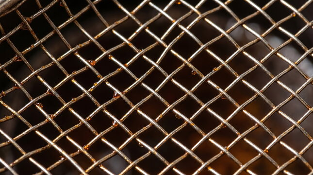 Macro close-up texture of a greasy metal wire mesh from a deep fryer basket covered in cooking oil droplets