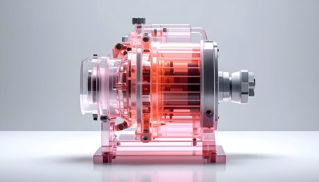 Transparent machine rendering, exposing internal gears, chambers, and mechanisms in pink