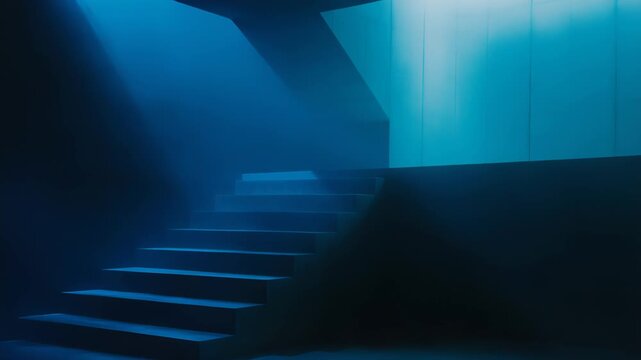 Abstract architecture presenting a minimalist staircase illuminated by blue light and deep shadows, creating a mysterious and conceptual pathway to progress and future