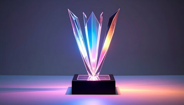 Iridescent crystal trophy on a black base, lit by vibrant hues