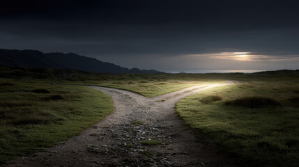 Fototapeta premium Forked pathway through grassy field under dark sky, leading toward distant light at horizon