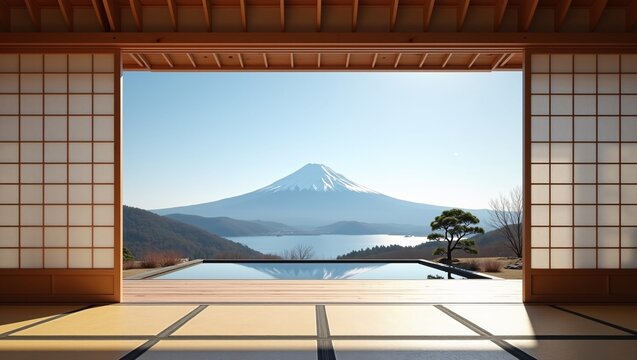 A traditional Japanese room with tatami flooring and shoji screens opens onto a wooden deck, offering a view of snow-capped Mount Fuji reflected in an outdoor pool, with a lake and pine tree in the fo