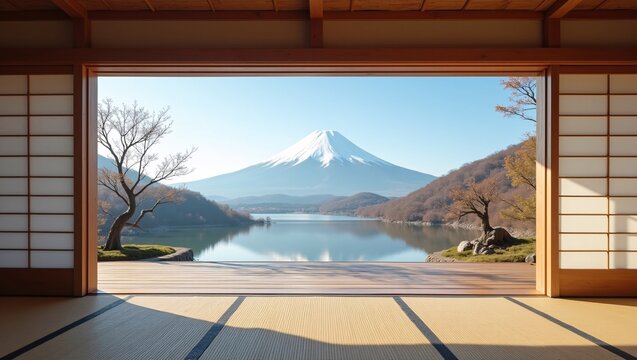 A traditional Japanese room with tatami flooring and shoji screens frames a view of snow-capped Mount Fuji reflected in a calm lake, with bare trees on the shore and rolling hills in the distance.