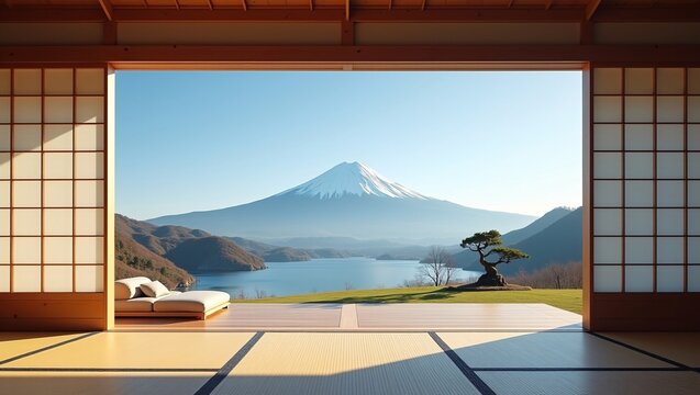 A traditional Japanese room with tatami flooring and shoji screens frames a view of snow-capped Mount Fuji across a calm lake, with a sculpted pine tree and low outdoor sofa on the wooden deck.