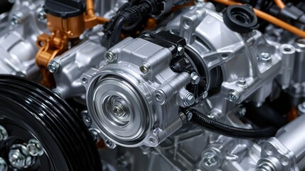 Fototapeta premium Medium shot focusing on integrated startgenerator mounts in a hybridcompatible gasoline engine showcasing electrical component integration and advanced engineering.
