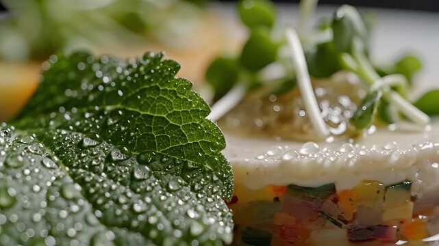 Closeup of a fresh green leaf with water droplets and a gourmet dish.