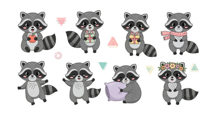 Fototapeta premium Cute Raccoon Character Set with Various Poses and Accessories