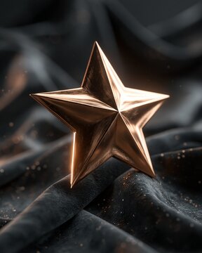 Floating golden star award glows with dramatic rim lighting above a luxurious dark velvet surface speckled with faint dust particles creating an elegant and cinematic medium shot.