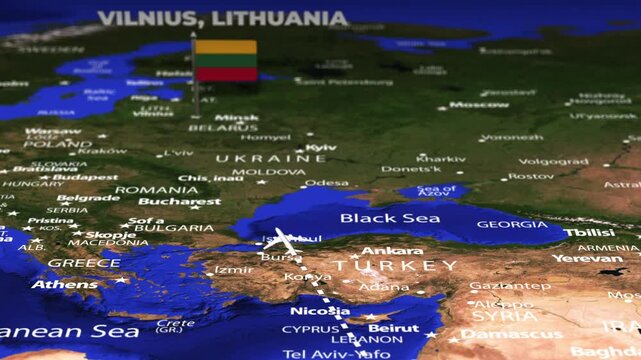 Flight From Asmara ERITREA to Vilnius LITHUANIA with flag pins