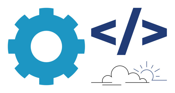 Technology, web development, innovation, cloud computing, software engineering, digital transformation. Blue gear, coding symbols sunrise over cloud. Technology and web development concepts