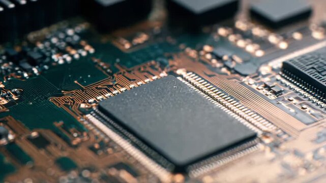 Computer microchip mounted on a complex green electronic circuit board with intricate copper pathways and components, facilitating digital data processing and advanced technology development