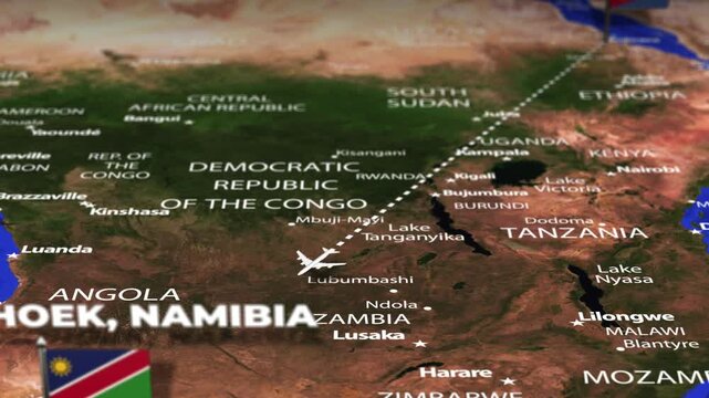 Flight From Asmara ERITREA to Windhoek NAMIBIA with flag pins