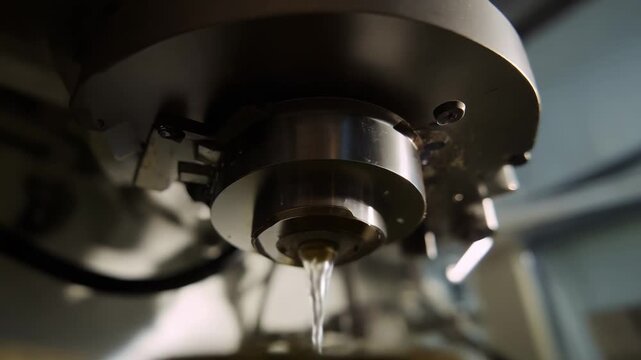 Industrial water jet machine performing a precise erosion process, fluid stream impacting a surface, representing modern manufacturing technology and high precision engineering