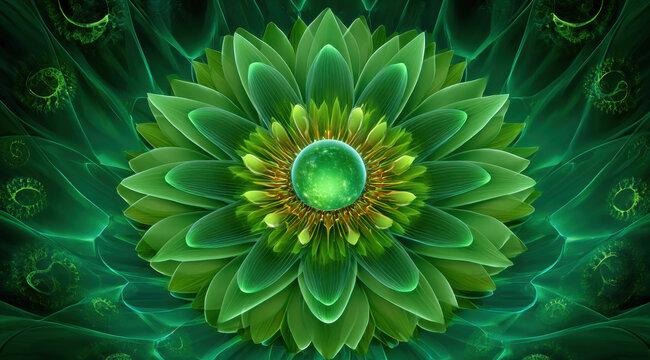 Green flower abstract glowing petal digital art symmetrical pattern emerald color central orb fantasy bloom layered leaf radial design luminous green