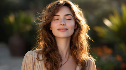 Fototapeta premium Serene young woman with wavy brown hair, eyes closed, enjoying warm sunlight in natural outdoor setting, calm and peaceful portrait