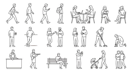 Minimalist line art people vector set, 18 architectural scale figures in outline style, diverse urban characters for site plans and sections © Ali