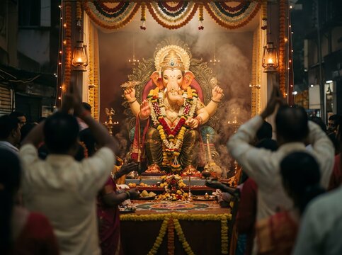 Devotees offer prayers to the majestic lord ganesha idol decorated with flowers and incense smoke during a vibrant religious festival