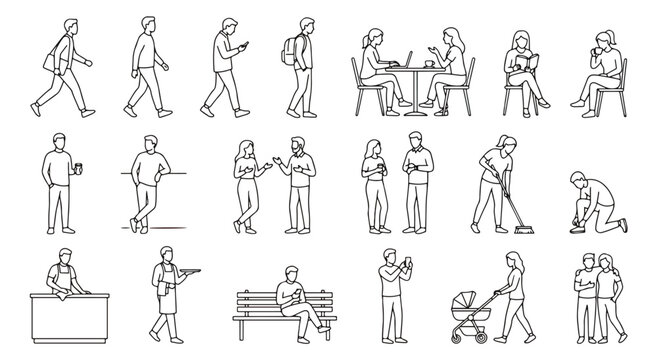 Minimalist line art people vector set, 18 architectural scale figures in outline style, diverse urban characters for site plans and sections