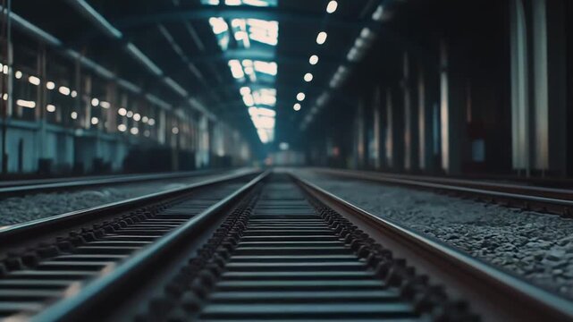 Railroad tracks converging in perspective, leading towards a dimly lit tunnel or industrial station interior, creating a sense of journey, future, and deep transportation infrastructure