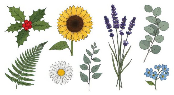 Collection of illustrated botanical plants and flowers