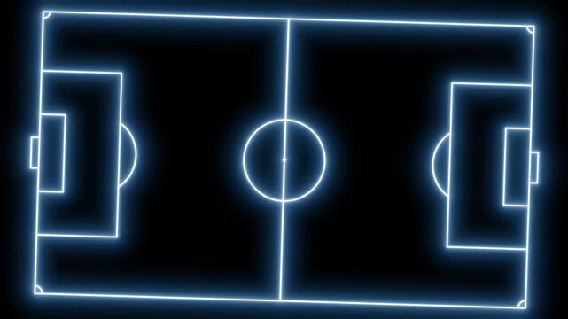 Animated neon soccer field outline in glowing blue light, ideal for sports branding, match graphics, and digital design projects