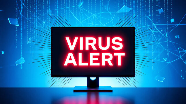 Virus alert, cybersecurity warning, malware notification, computer screen