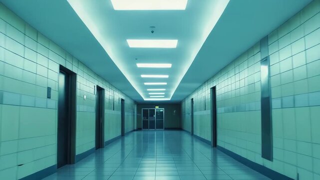 Long empty institutional corridor reflecting bright fluorescent lights on tiled walls and floor, creating a vanishing perspective and feelings of loneliness and cleanliness