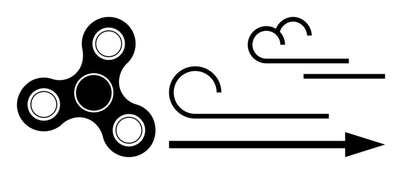 Movement, energy flow, dynamics, kinetic energy, stress relief, modern gadgetry. Black fidget spinner with flowing wind lines and directional arrow. Motion and energy flow concept