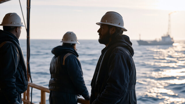 Offshore oil platform roughneck crew in hard hats and life vests performing routine equipment checks on elevated drill deck at dawn, supply vessel visible in distant swells, safety barriers and flar
