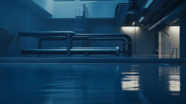 Industrial facility interior with large pipes, machinery, and a pool of clean water, creating a liminal atmosphere under cool blue lighting for purification processes