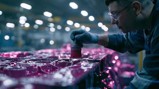 Medium shot of a technician applying dye penetrant solution on engine blocks carefully inspecting surfaces for cracks and defects under bright industrial lighting.
