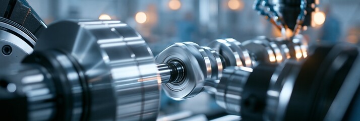 Naklejka premium Medium shot of singlestick camshaft grinding capturing the precision shaping of cam lobes on a sleek automated grinding machine in an industrial workshop.