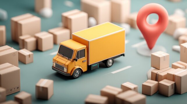 Delivery truck with packages and location marker on a map background