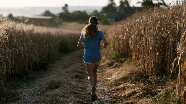 High school cross-country runner finishing early-morning practice on damp trail through cornfields, harvest-ready stalks flanking path, athletic shoes caked with mud, school bus visible on rural roa