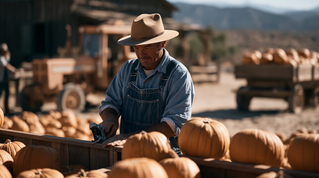 Harvest festival preparation team hanging handmade signs and arranging pumpkin displays at rural fairground, volunteer in overalls using staple gun on wooden booth, tractor with wagon of gourds pull