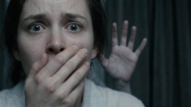 terrified young woman covers her mouth in extreme fear with a mysterious blurry ghost hand on dark background