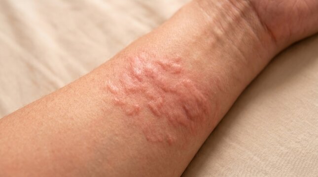 close up of a severe red skin rash hives and urticaria reaction on a human arm with fabric background.