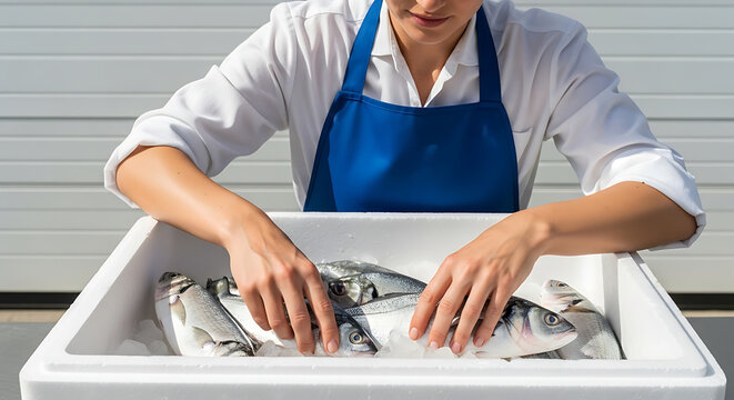 Fishmonger wearing blue apron arranging fresh silver fish on ice inside white styrofoam container tray at local market. Photo style.