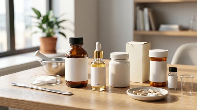 Various medicine bottles and pills on a wooden table in a room