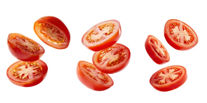 3 styles of Fresh Tomato Slices Floating Isolated on Transparent Background. Flying Red Tomato Halves Isolated PNG on Transparent Background.