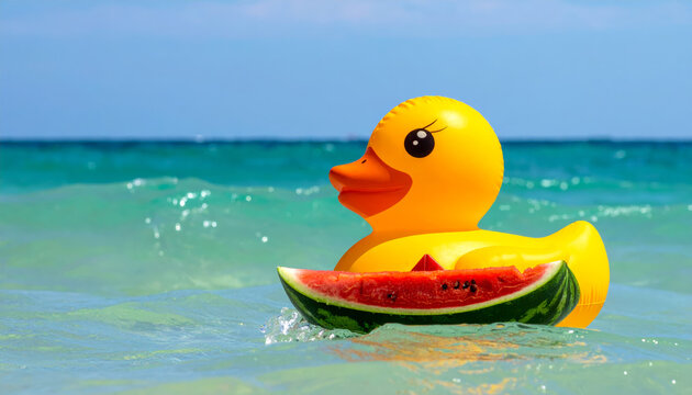 Giant yellow rubber duck floats in a tiny watermelon rind boat on a calm turquoise sea under a bright blue sky.