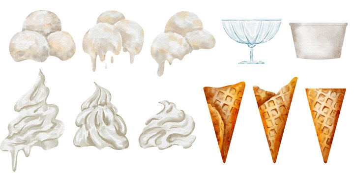 Watercolor ice cream constructor set with mixed scoops and cones in a cute isolated illustration for summer design.