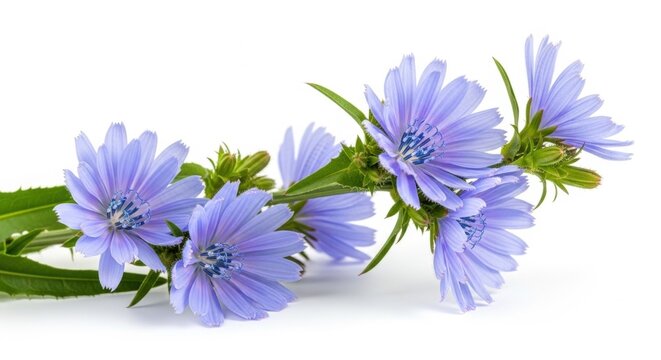 Blue chicory flower branch on white background. Common chicory bloom with green leaf. Herbal plant for botanical study and natural medicine. Floral element for greeting card design.
