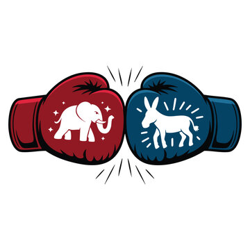 Elephant and donkey with boxing gloves symbolizing USA political parties. American Democrat versus Republican election battle for votes illustration.