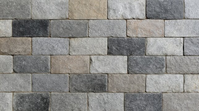 Gray stone paver texture background. Natural granite brick wall construction material. Paving block surface for path or patio design. Architectural detail of outdoor floor cladding pattern.