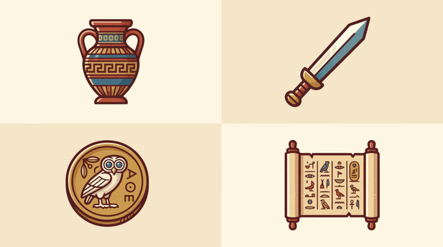 Collection of ancient history and archeology museum icons.