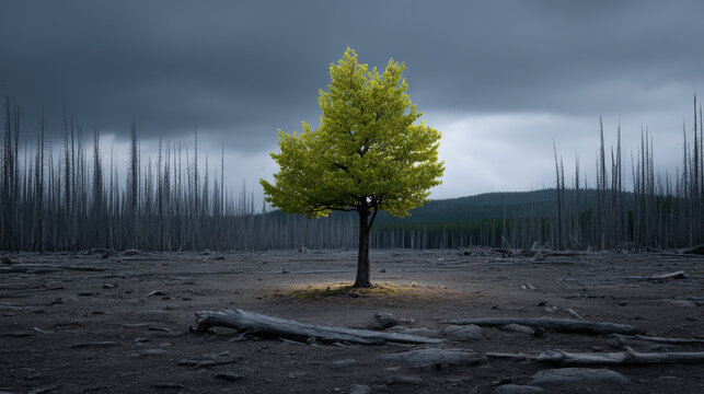 Green tree standing alone in burned forest under dark storm sky